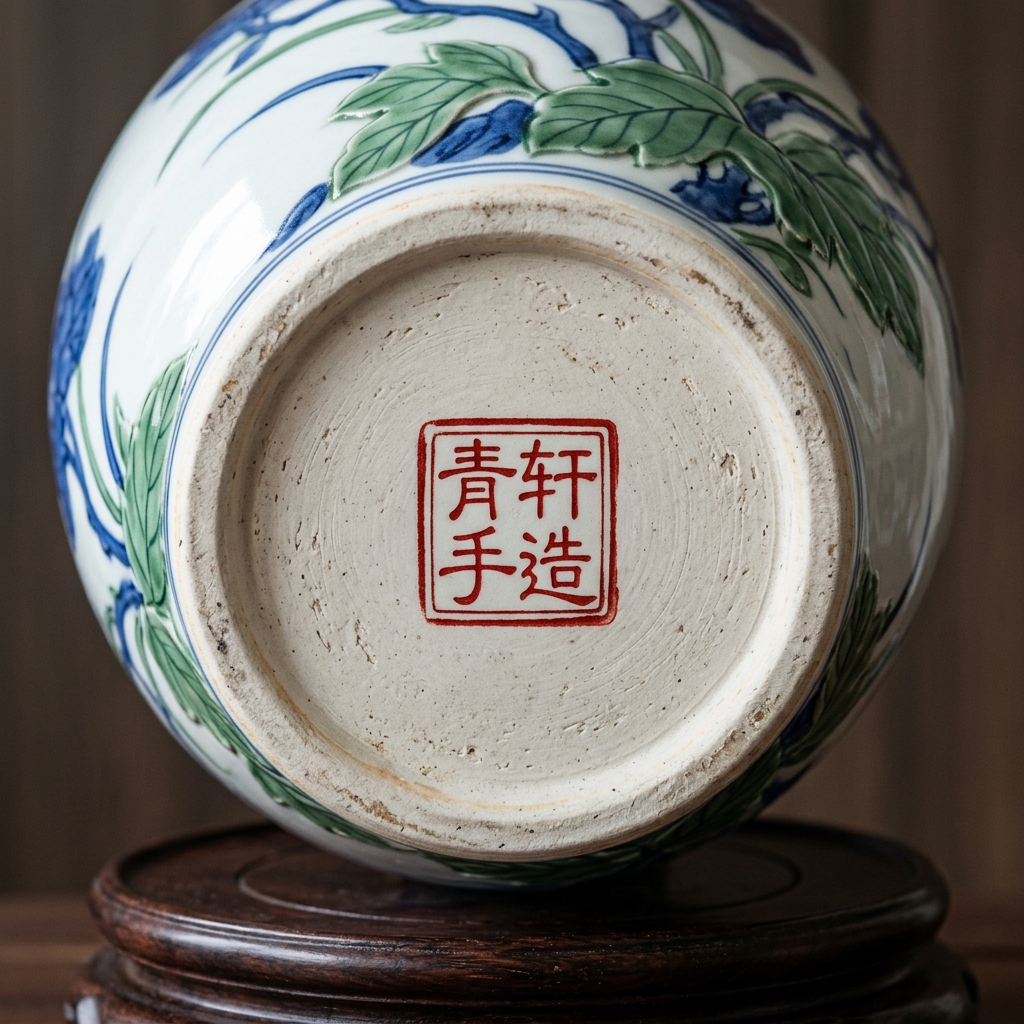 蕉叶鹦鹉尊底足签名